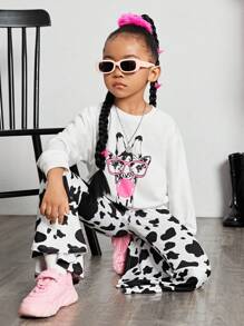 SHEIN 女小童1入組卡通圖案落肩袖套頭衫&1入組奶牛圖案喇叭褲 - 黑與白 - 查看 3