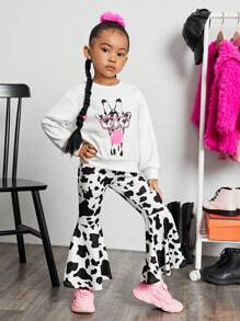 SHEIN 女小童1入組卡通圖案落肩袖套頭衫&1入組奶牛圖案喇叭褲 - 黑與白 - 查看 5