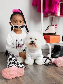 SHEIN 女小童1入組卡通圖案落肩袖套頭衫&1入組奶牛圖案喇叭褲 - 黑與白 - 查看 6