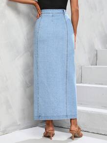SHEIN Tall 前紐扣前排扣牛仔半身裙 - 淺色水洗藍 - 查看 2