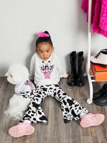 SHEIN 女小童1入組卡通圖案落肩袖套頭衫&1入組奶牛圖案喇叭褲 - 黑與白 - 查看 9