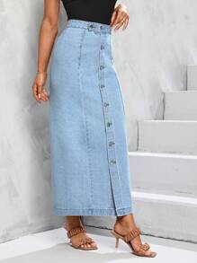 SHEIN Tall 前紐扣前排扣牛仔半身裙 - 淺色水洗藍 - 查看 4