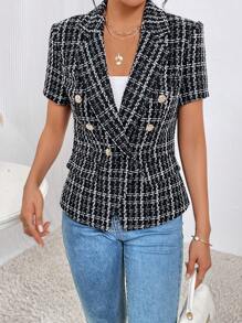 SHEIN Privé Hoa văn kẻ sọc Đôi ngực Tweed Áo khoác - Đen và trắng - Xem 1