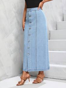 SHEIN Tall 前紐扣前排扣牛仔半身裙 - 淺色水洗藍 - 查看 5