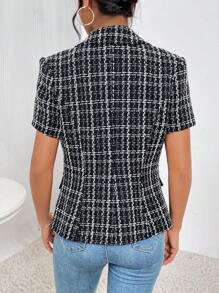 SHEIN Privé Hoa văn kẻ sọc Đôi ngực Tweed Áo khoác - Đen và trắng - Xem 2