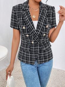 SHEIN Privé Hoa văn kẻ sọc Đôi ngực Tweed Áo khoác - Đen và trắng - Xem 5