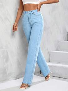 SHEIN Tall High Waist Straight Leg Jeans - Blue - View 4