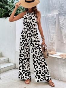 SHEIN Frenchy 豹紋印花腰帶繞頸連體褲 - 黑與白 - 查看 1
