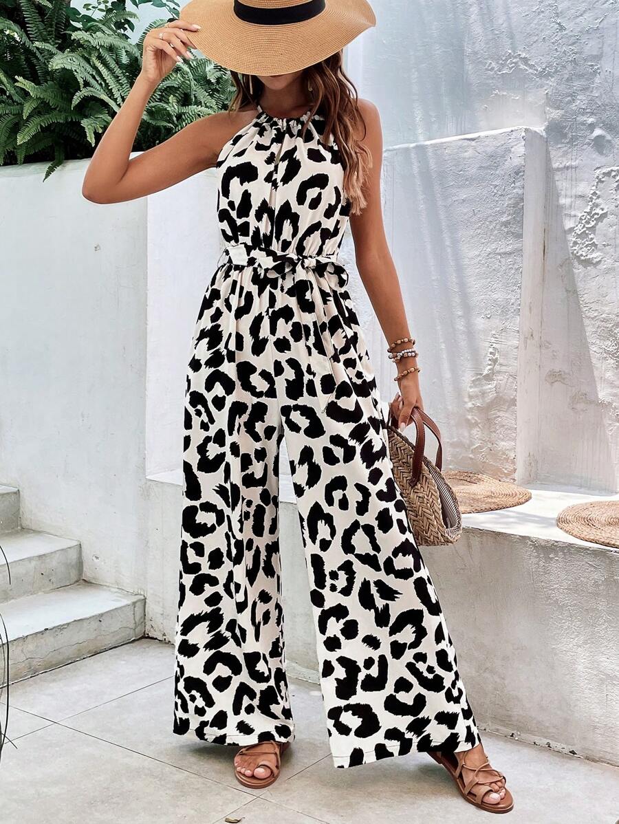 SHEIN Frenchy 豹紋印花腰帶繞頸連體褲 - 黑與白 - 查看 1