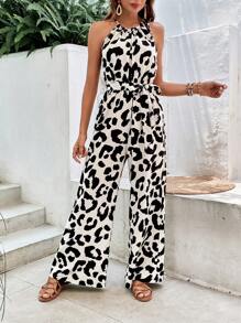 SHEIN Frenchy 豹紋印花腰帶繞頸連體褲 - 黑與白 - 查看 3