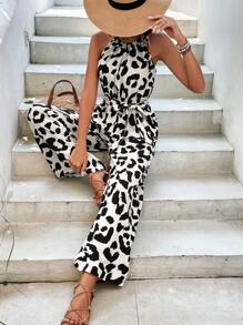 SHEIN Frenchy 豹紋印花腰帶繞頸連體褲 - 黑與白 - 查看 6
