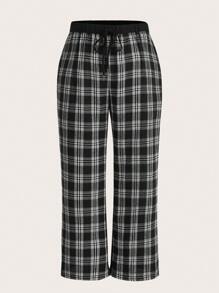 SHEIN EZwear Quần Plus Size Dây kéo Túi Sọc ca rô Giải trí - Đen và trắng - Xem 1