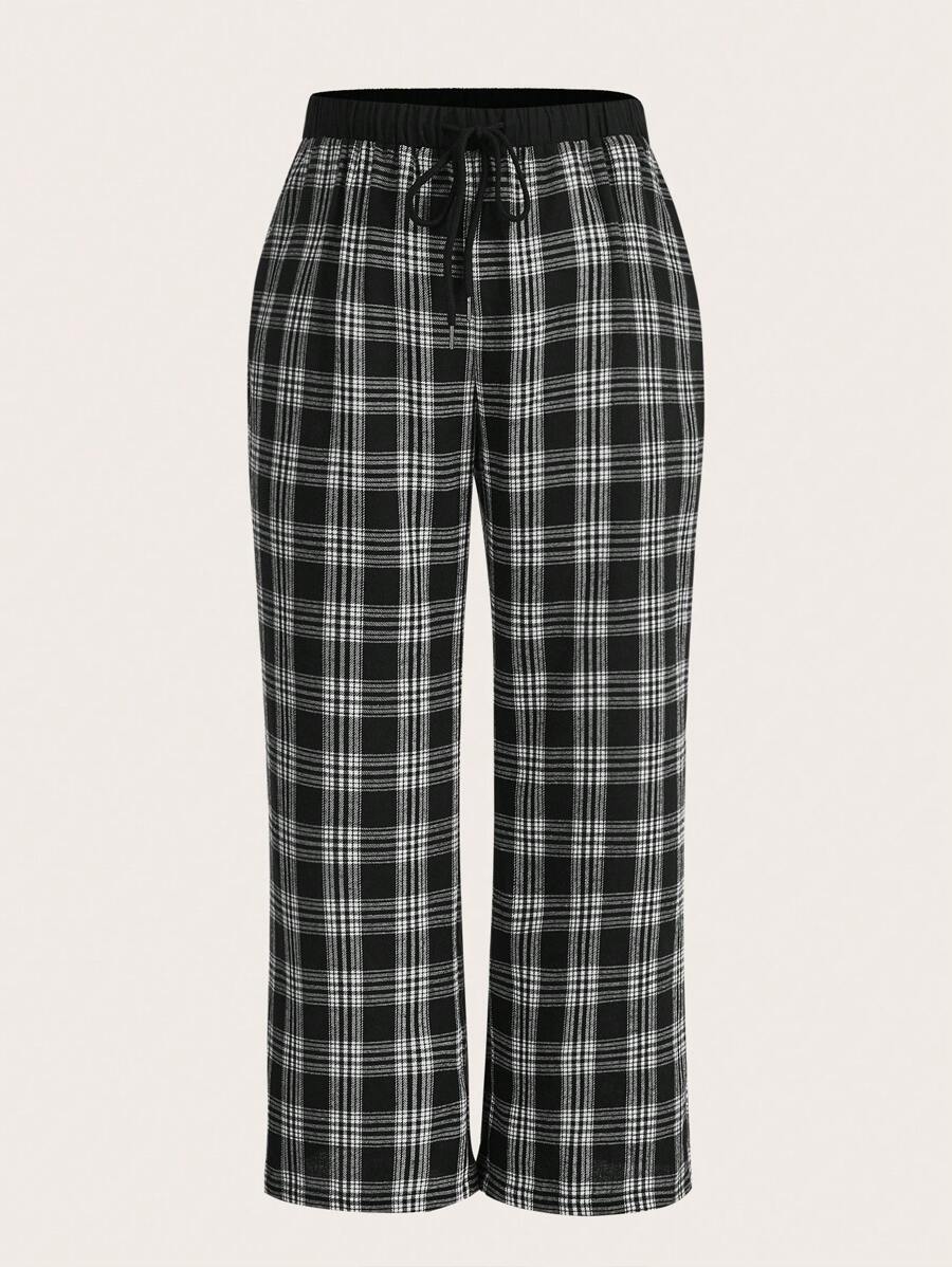 SHEIN EZwear Quần Plus Size Dây kéo Túi Sọc ca rô Giải trí - Đen và trắng - Xem 1