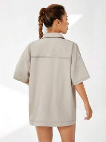 SHEIN EZwear Thả vai Mũi chỉ tương phản Đã vá Túi Áo sơ mi - Xám - Xem 2