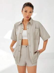SHEIN EZwear Thả vai Mũi chỉ tương phản Đã vá Túi Áo sơ mi - Xám - Xem 5