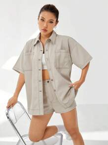 SHEIN EZwear Thả vai Mũi chỉ tương phản Đã vá Túi Áo sơ mi - Xám - Xem 1