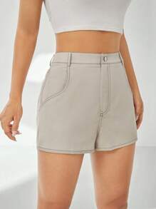SHEIN EZwear 高腰頂針直筒短褲 - 杏色 - 查看 5