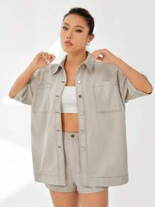 SHEIN EZwear Thả vai Mũi chỉ tương phản Đã vá Túi Áo sơ mi - Xám - Xem 6