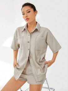 SHEIN EZwear Thả vai Mũi chỉ tương phản Đã vá Túi Áo sơ mi - Xám - Xem 7