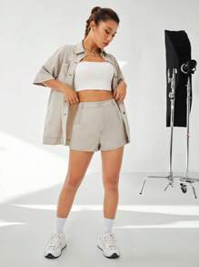 SHEIN EZwear 高腰頂針直筒短褲 - 杏色 - 查看 6