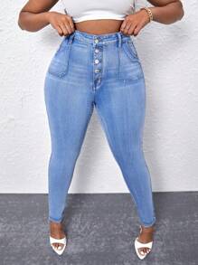 SHEIN SXY 大碼紐扣門襟緊身牛仔褲 - 淺色水洗藍 - 查看 1