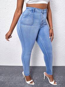 SHEIN SXY 大碼紐扣門襟緊身牛仔褲 - 淺色水洗藍 - 查看 5