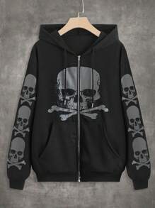 ROMWE Grunge Punk Skull Graphic Zip Up Hoodie - Black - View 1