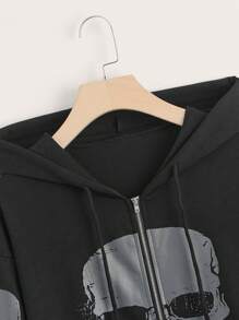 ROMWE Grunge Punk Skull Graphic Zip Up Hoodie - Black - View 3