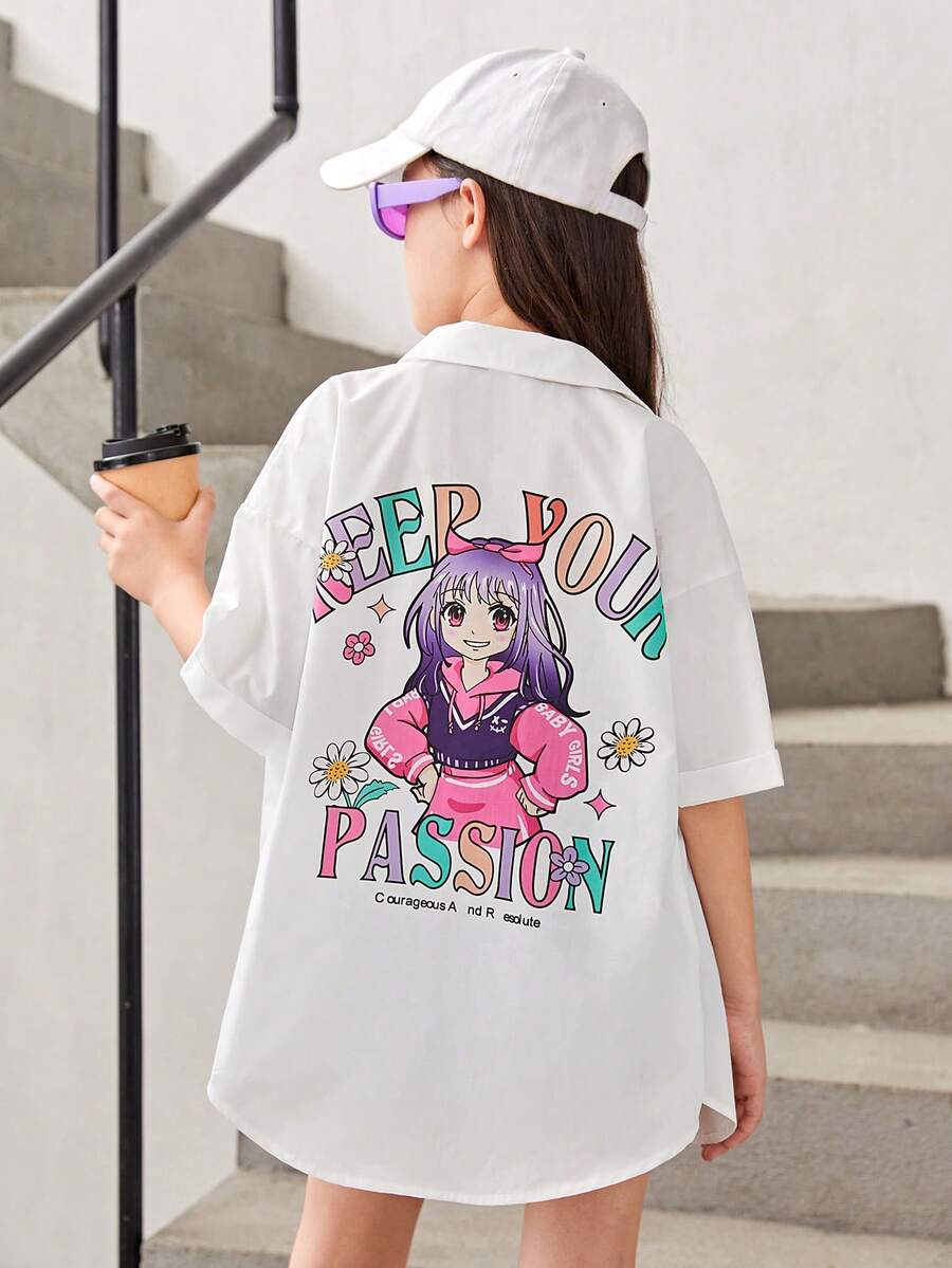 SHEIN Tween Girl Slogan & Figure Graphic Drop Shoulder Shirt Without Cami Top - White - View 1