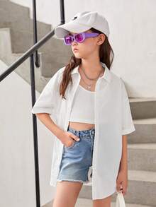 SHEIN Tween Girl Slogan & Figure Graphic Drop Shoulder Shirt Without Cami Top - White - View 3