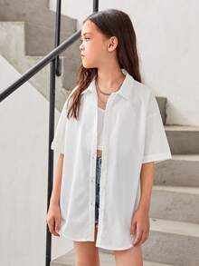 SHEIN Tween Girl Slogan & Figure Graphic Drop Shoulder Shirt Without Cami Top - White - View 4