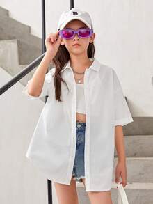 SHEIN Tween Girl Slogan & Figure Graphic Drop Shoulder Shirt Without Cami Top - White - View 2