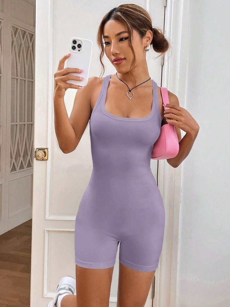 SHEIN EZwear 素色大圓領彈力緊身連體短褲 - 淡紫色 - 查看 1