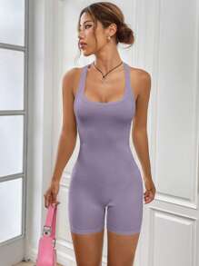 SHEIN EZwear 素色大圓領彈力緊身連體短褲 - 淡紫色 - 查看 5