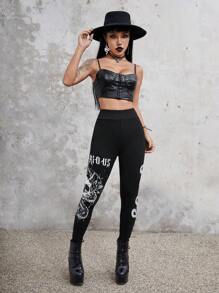 ROMWE Goth Skull & Letter Graphic Leggings, School - Black - View 5