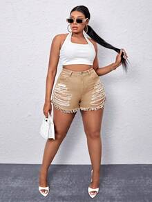 SHEIN SXY Quần short denim oversized mép Hem thô Bị tách màu trơn - Màu Khaki - Xem 5