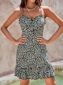 SHEIN VCAY 碎花前繫帶荷葉邊吊帶連衣裙 - 黑與白 - 查看 3