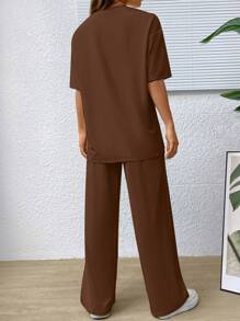 SHEIN EZwear 素色落肩T恤和闊腿褲 - 棕色 - 查看 2