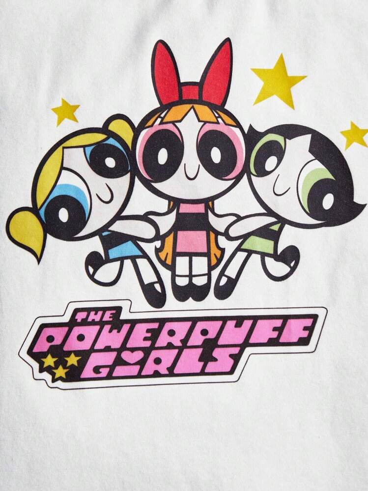 THE POWERPUFF GIRLS X SHEIN Young Girl Cartoon & Letter Graphic Ruffle Trim Tee - White - View 7