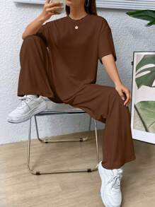 SHEIN EZwear 素色落肩T恤和闊腿褲 - 棕色 - 查看 3