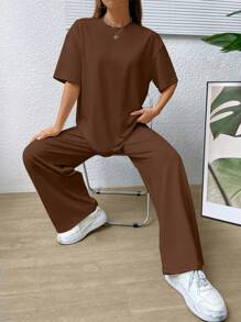SHEIN EZwear 素色落肩T恤和闊腿褲 - 棕色 - 查看 6