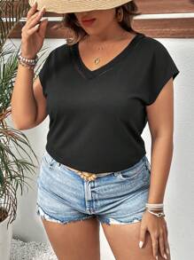 SHEIN VCAY Áo thun Plus size màu trơn Giải trí - màu đen - Xem 5