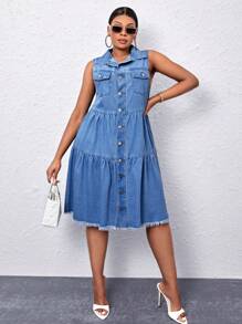 SHEIN SXY Đầm Denim kích thước lớn Túi Viên lá sen Nút phía trước màu trơn Giải trí - Rửa nhẹ - Xem 3