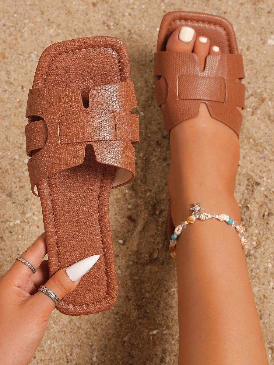 Mujer con piel de serpiente en relieve con abertura Sandalias , moda verano Sandalias planas - Marrón - Ver 1