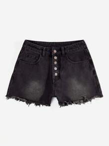 ROMWE Grunge Punk Nút Bay Raw Hem Quần short Denim - màu đen - Xem 4
