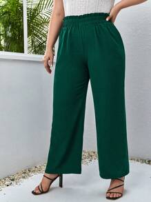 SHEIN LUNE 大碼紙袋腰闊腿褲 - 綠色 - 查看 3