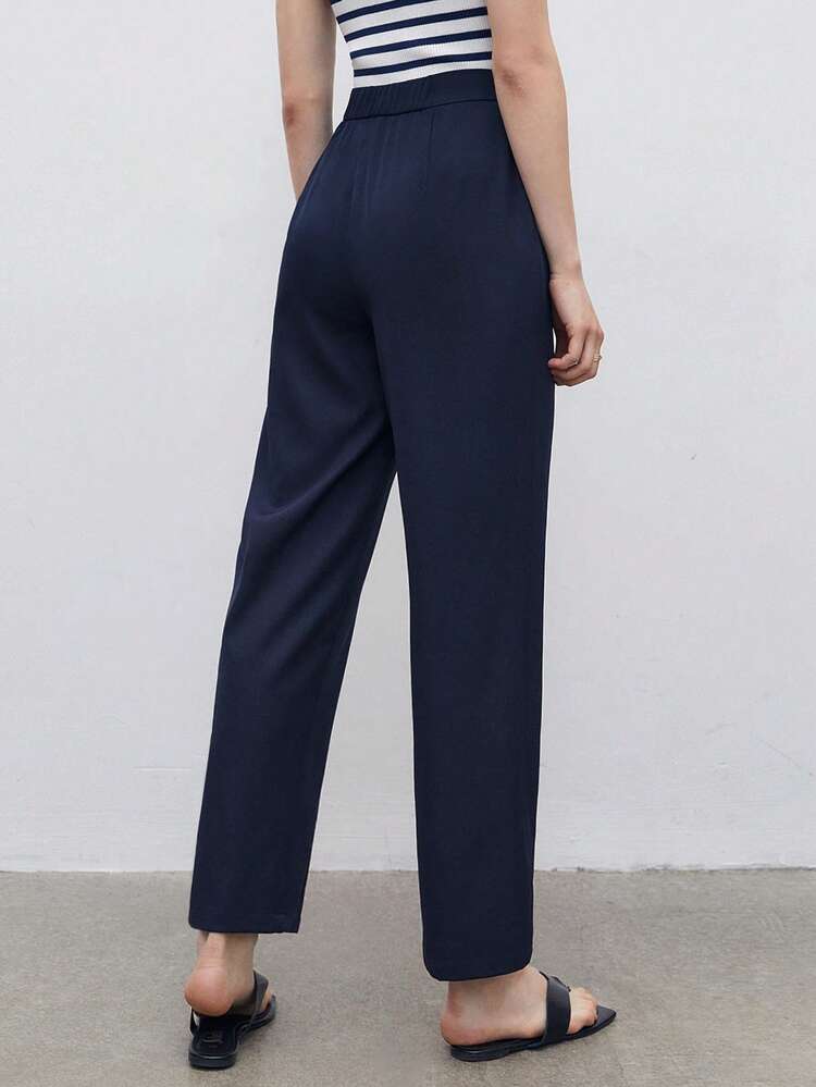 BizChic بنطلون بساق مستقيم تفاصيل ازرار ملابس العمل - أزرق بحري - مشاهدة 4