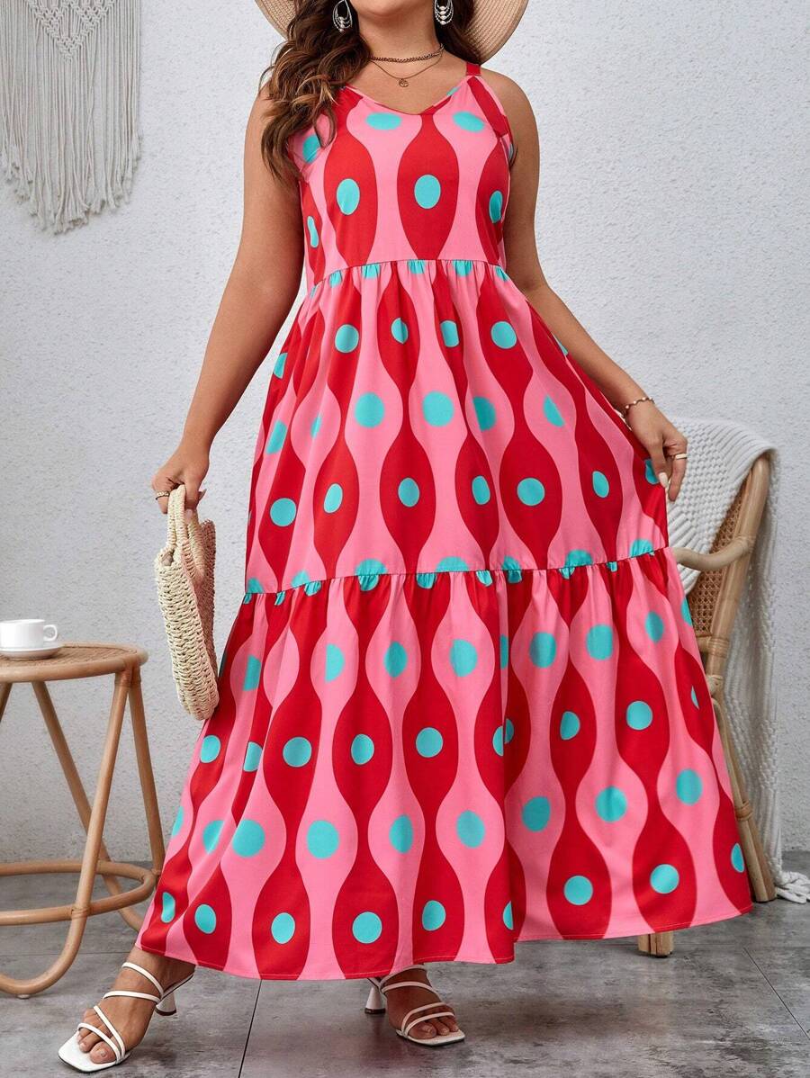 SHEIN VCAY Đầm Plus Size Viên lá sen Tất cả trên in Giải trí - Màu Hồng Tươi - Xem 1