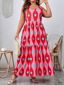 SHEIN VCAY Đầm Plus Size Viên lá sen Tất cả trên in Giải trí - Màu Hồng Tươi - Xem 3