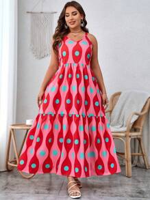 SHEIN VCAY Đầm Plus Size Viên lá sen Tất cả trên in Giải trí - Màu Hồng Tươi - Xem 5